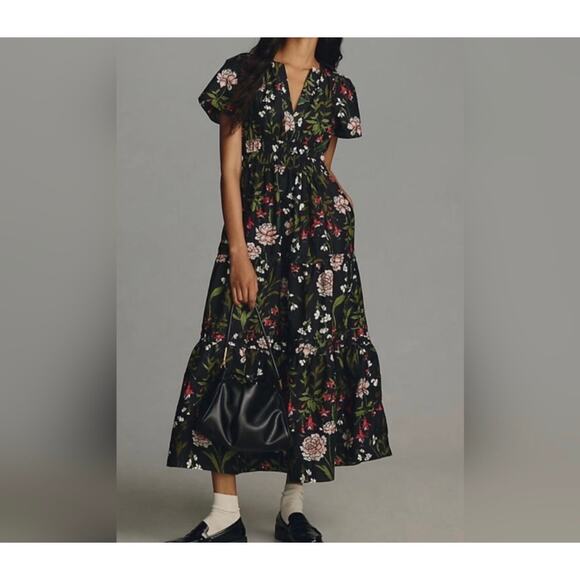 Anthropologie Somerset Black Floral Smocked Tiered Maxi Dress Short Sleeves XL - Picture 1 of 16